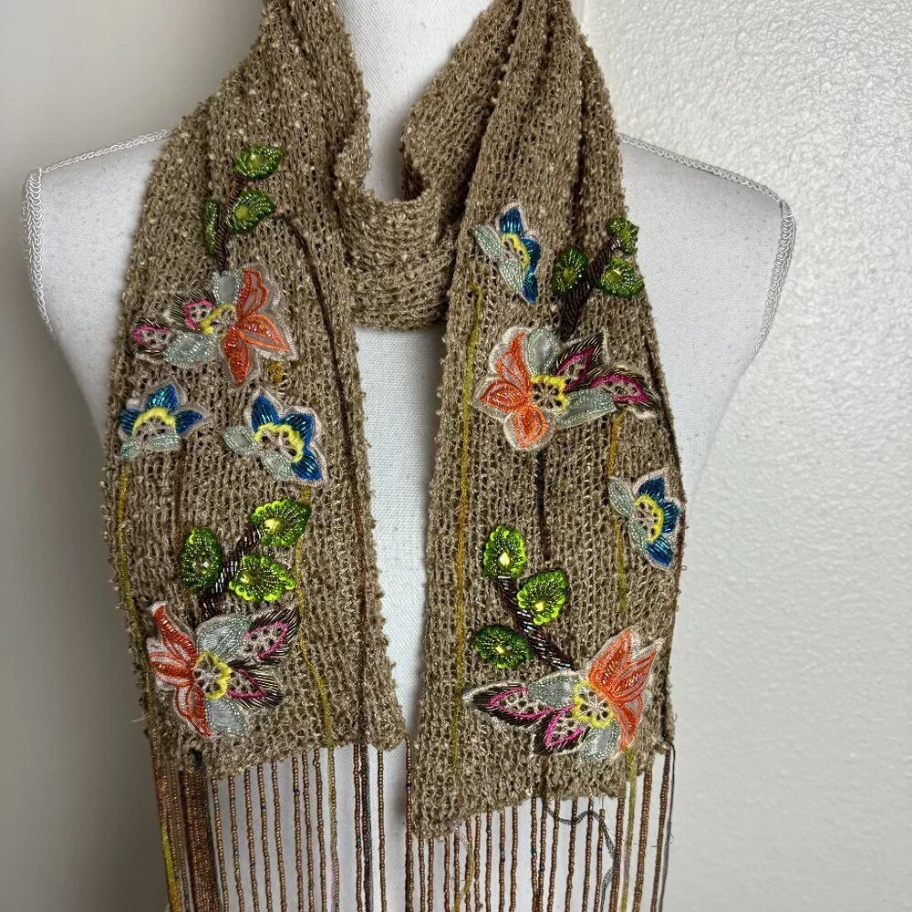 Vintage 90s Beaded Embroidery Art Long Scarf Fringe